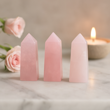 Punta de obelisco de cuarzo rosa pulido, 5 cm