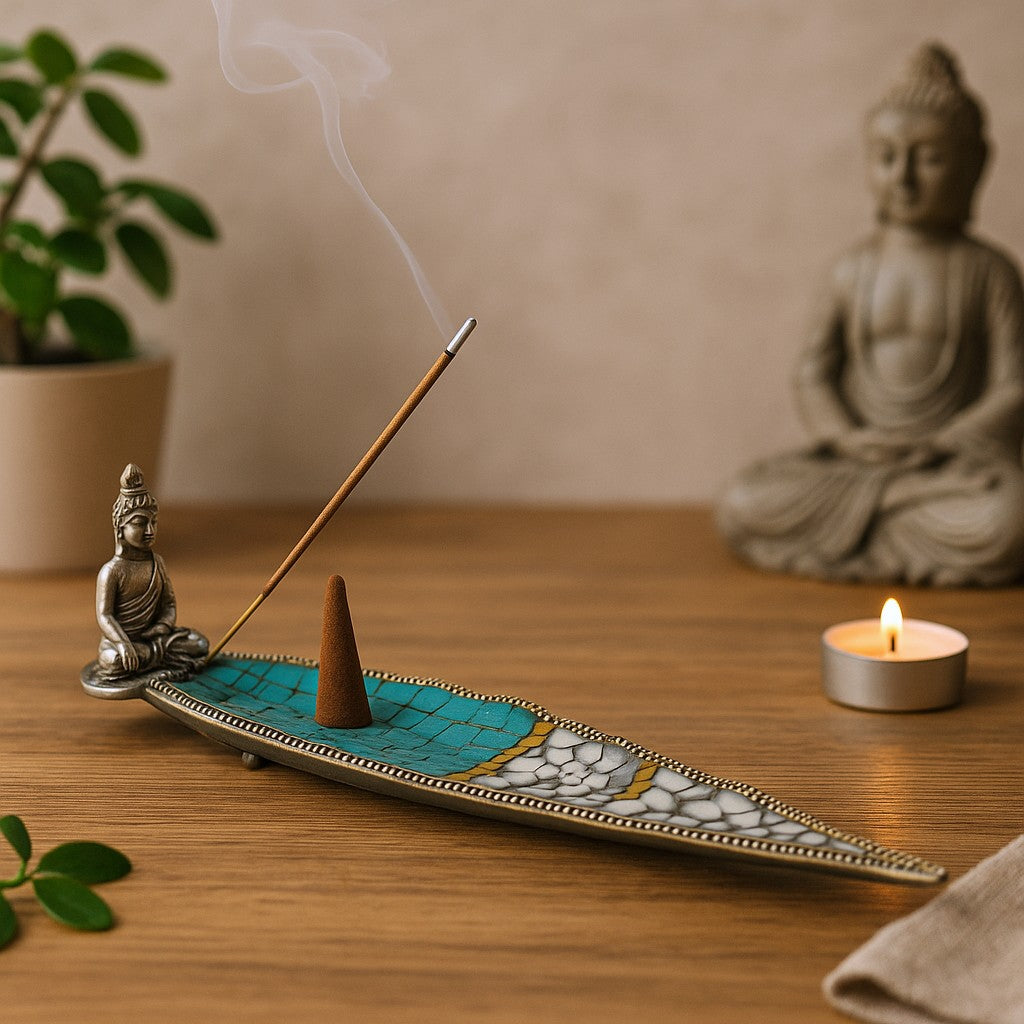Porta Incenso, Buddha in Ceramica Foglia Lunga Tibetano