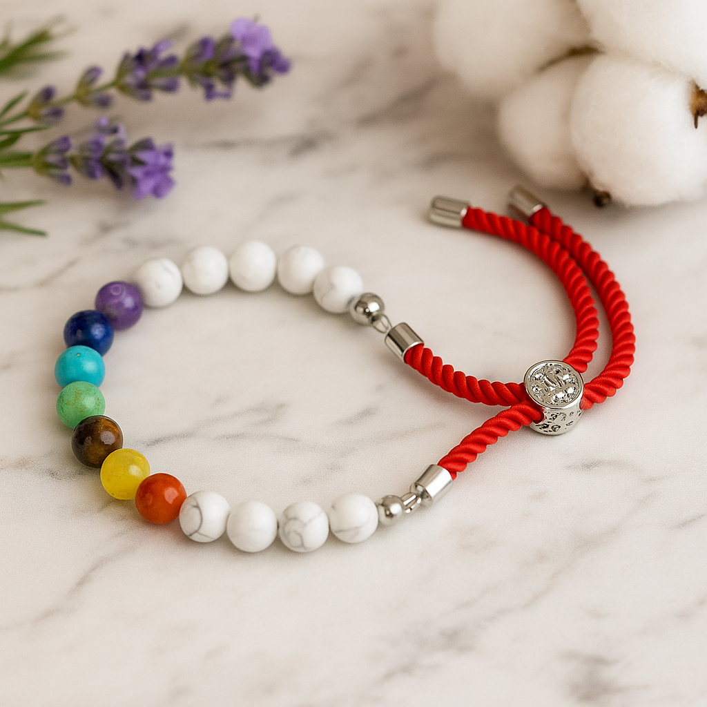 White Howlite Chakra Red String Bracelet - Silver Plated