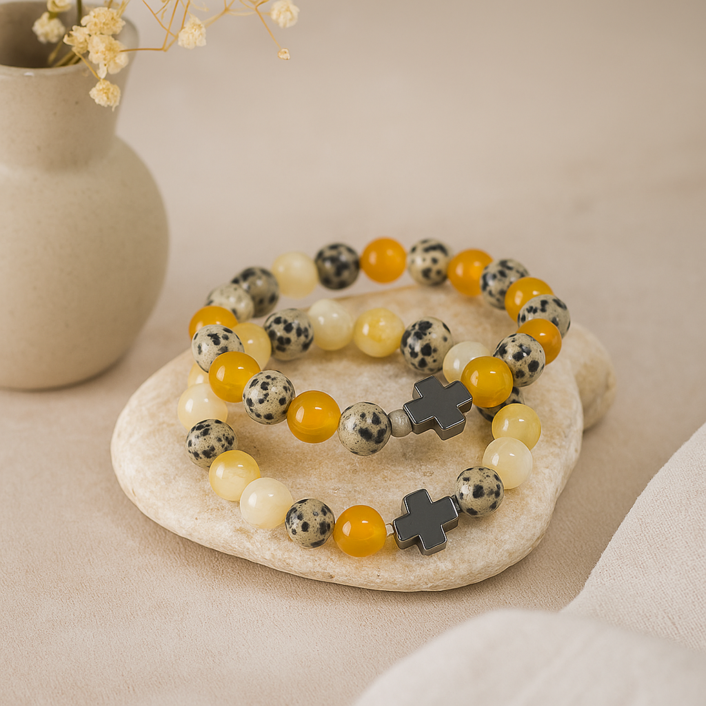 Bracelets pour couple lot de 2 Jaspe dalmatien Agate jaune