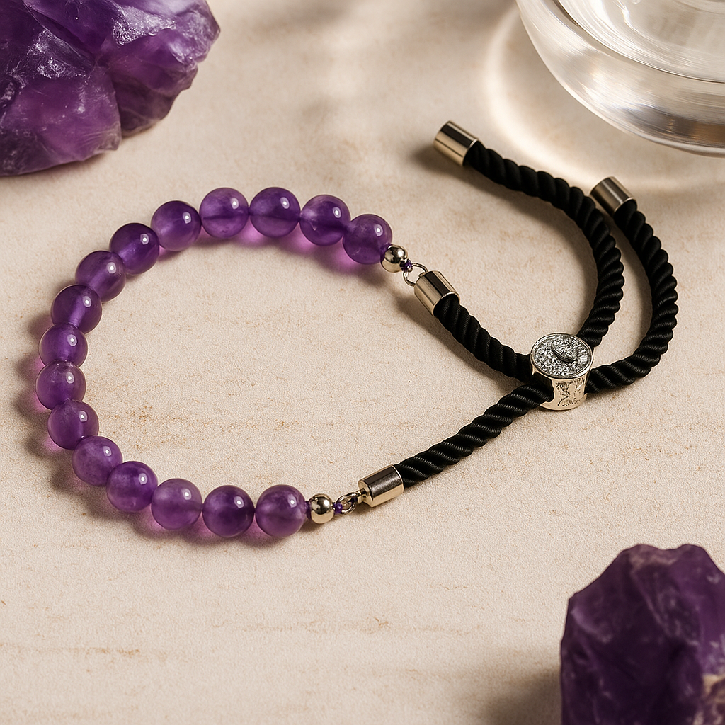Amethyst Bracelet Black String 925 Silver Plated Adjustable