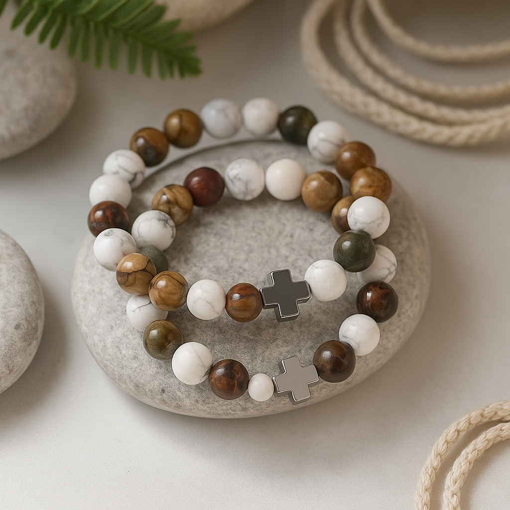Ensemble de 2 bracelets pour couple en jaspe Picasso et howlite