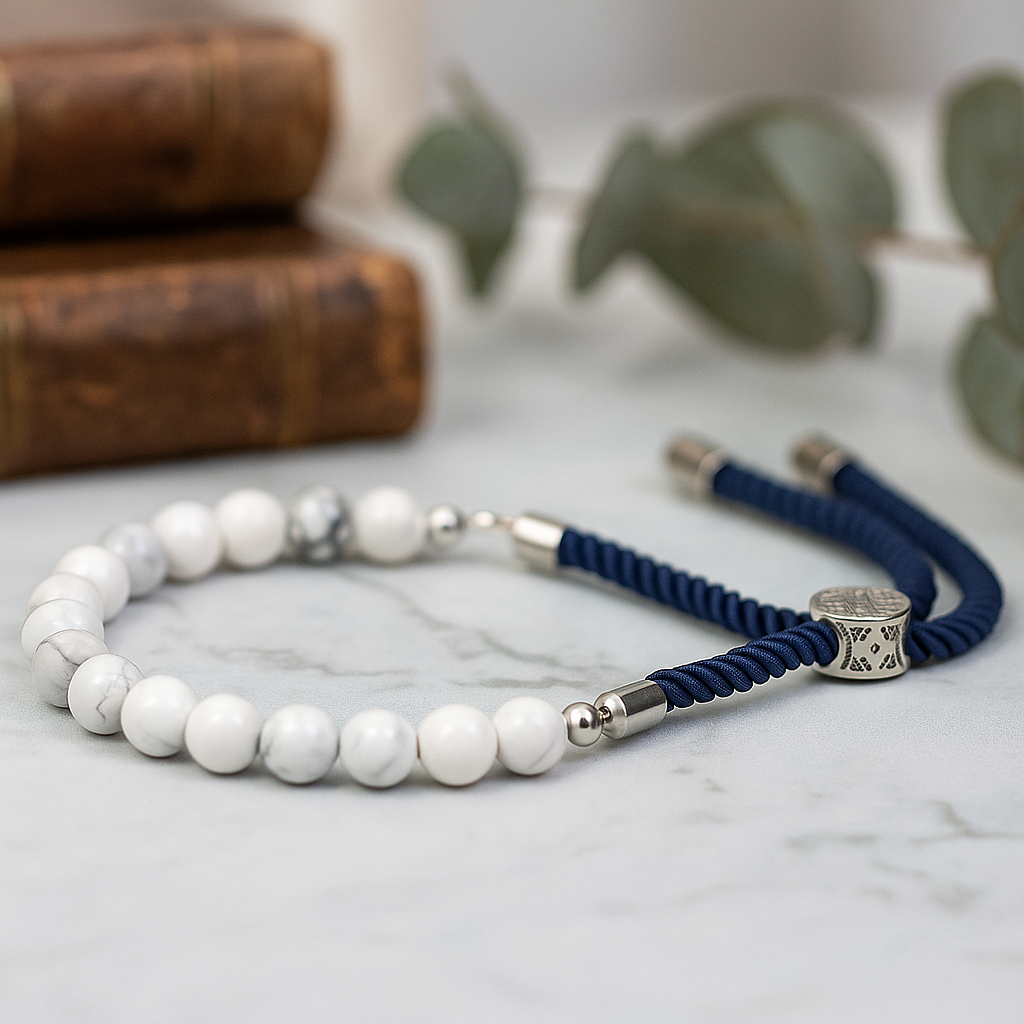 Hvid Howlite Armbånd Navy Snor 925 Sølvbelagt