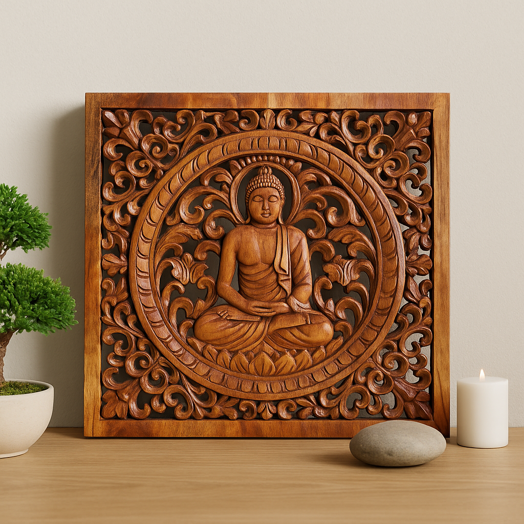 Buddha nástěnný panel dřevěný ručně vyřezávaný 40x40cm