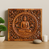 Buddha nástěnný panel dřevěný ručně vyřezávaný 40x40cm