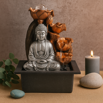 Bordvandfontæne sølv Buddha krystalkugle 35cm