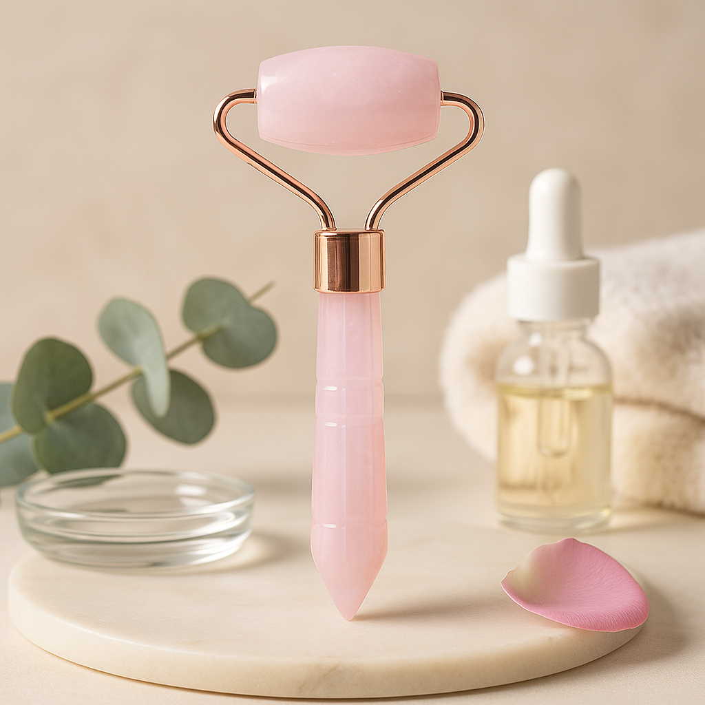 Massageador Facial de Rolos de Quartzo Rosa