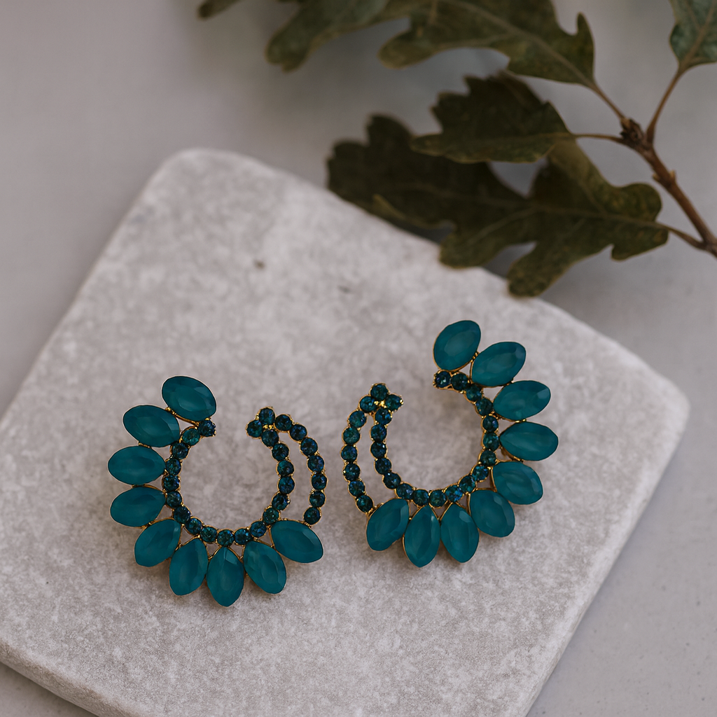 Matte Teal Vintage Glass Crescent Hoop Earrings