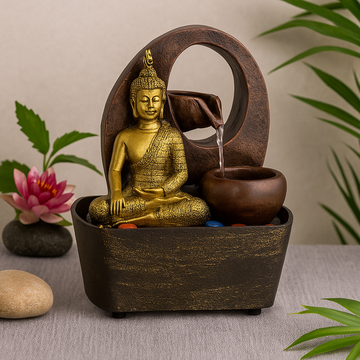 Bordfontæne gylden Buddha og potter 21,5 cm