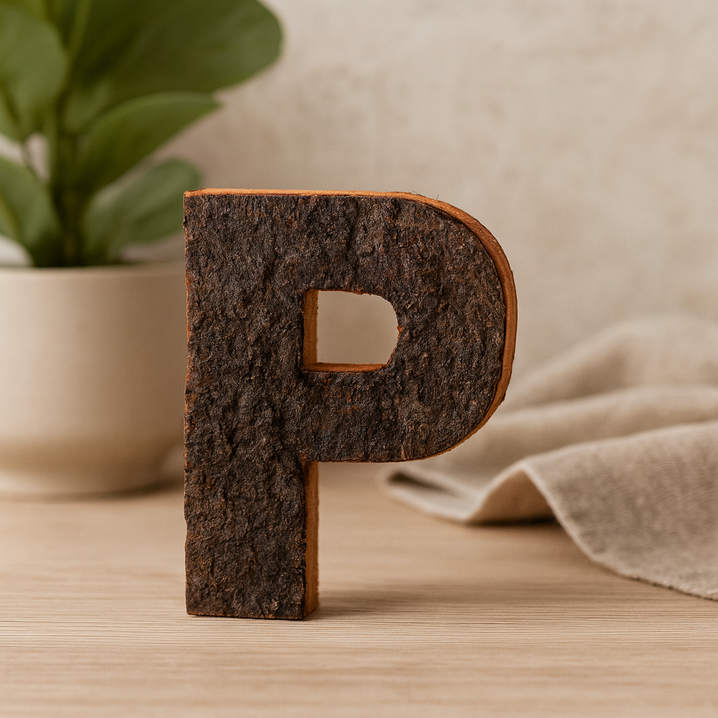 Drewniana litera P rustykalna kora 7 cm