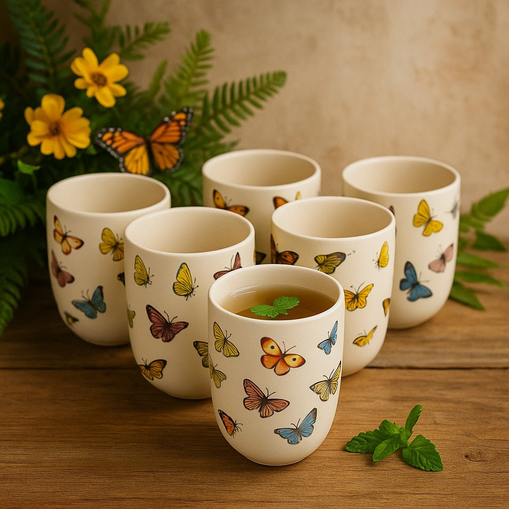 Juego de 6 tazas de té con mariposas