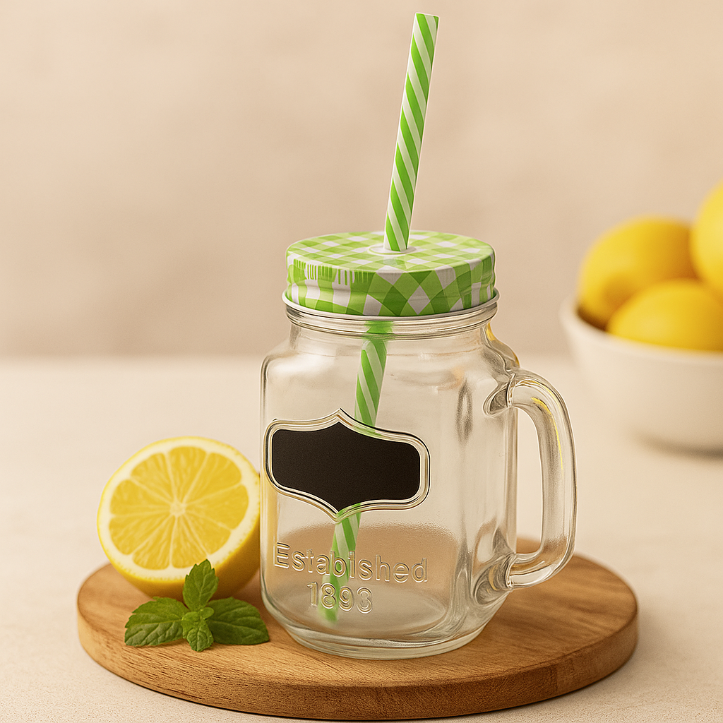 Mason Drinking Jar With Lid Straw Chalkboard, Green
