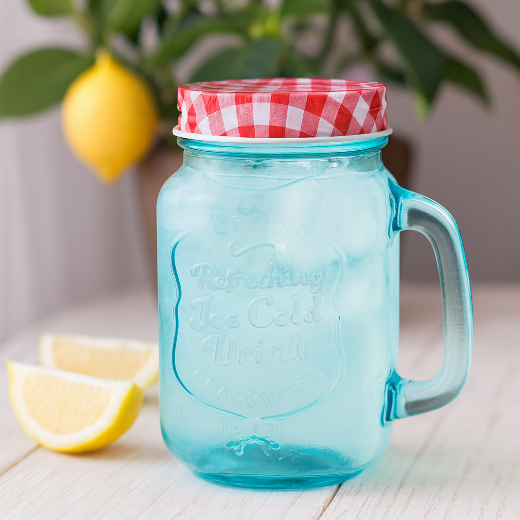 Tazza in Vetro Mason con Coperchio, Blu 450ml