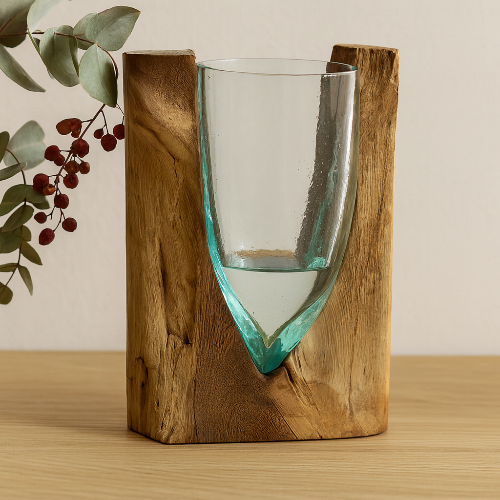 Glassvase på trebase V-formet