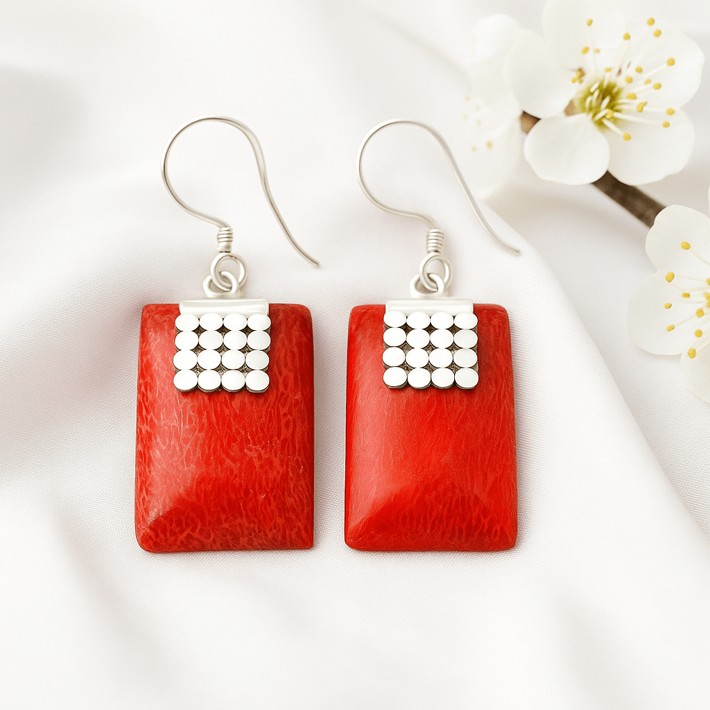 925 Silver Earrings, Coral Resin Disc Pair - SHAMTAM.COM