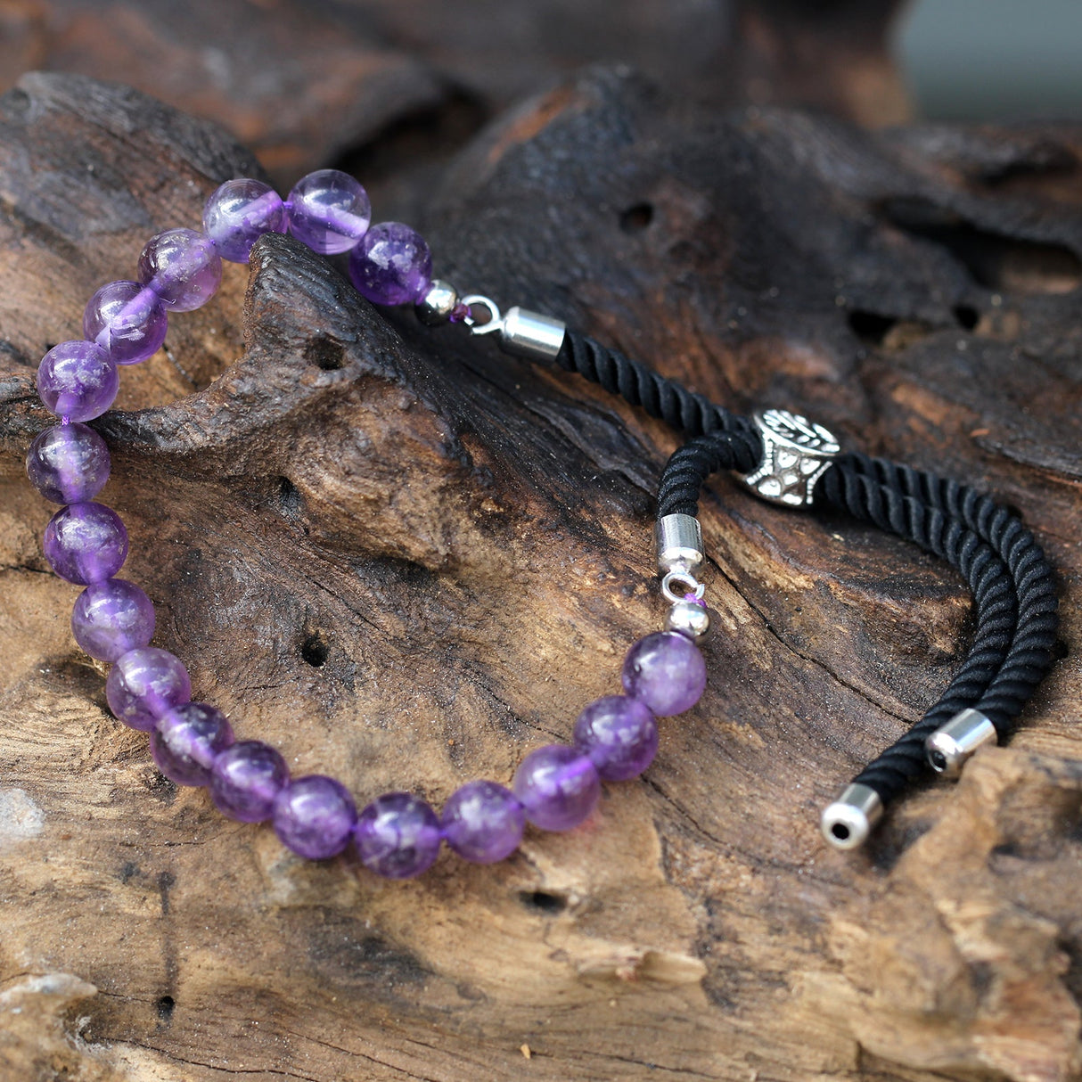 925 Silver Plated Gemstone Black String Bracelet - Amethyst - SHAMTAM.COM