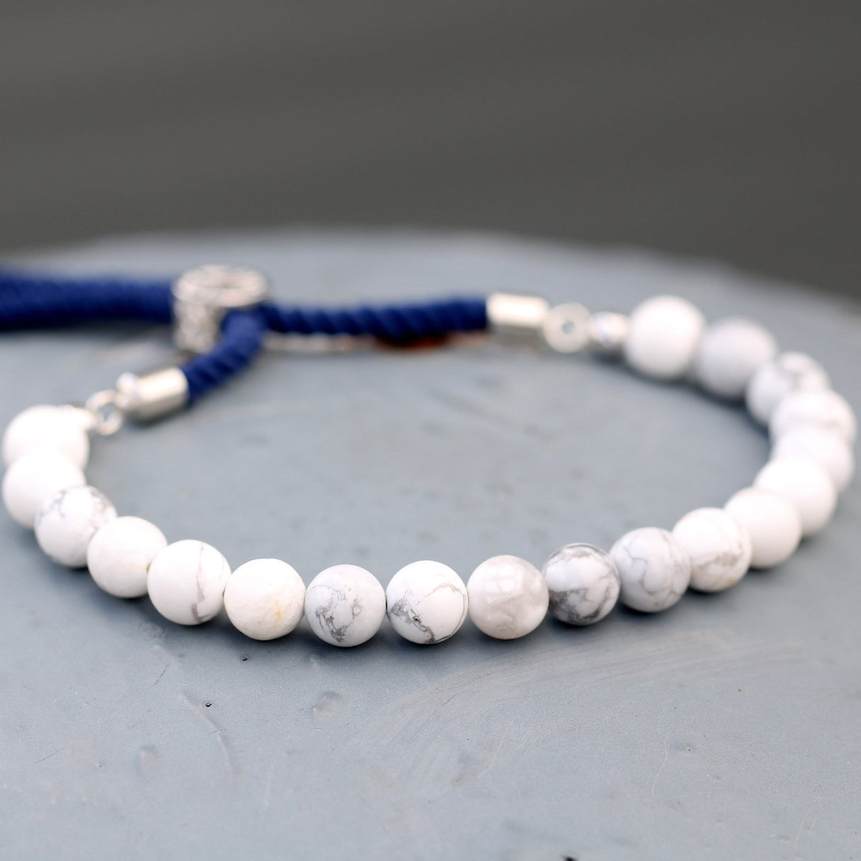 925 Silver Plated Gemstone Navy String Bracelet - White Howlite - SHAMTAM.COM