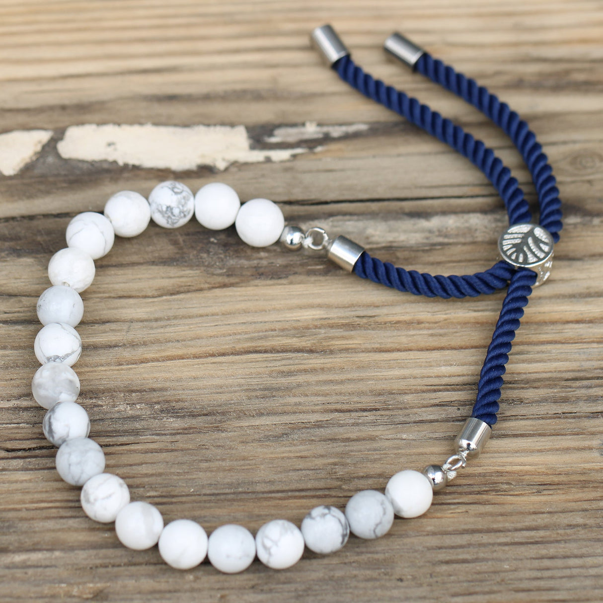 925 Silver Plated Gemstone Navy String Bracelet - White Howlite - SHAMTAM.COM