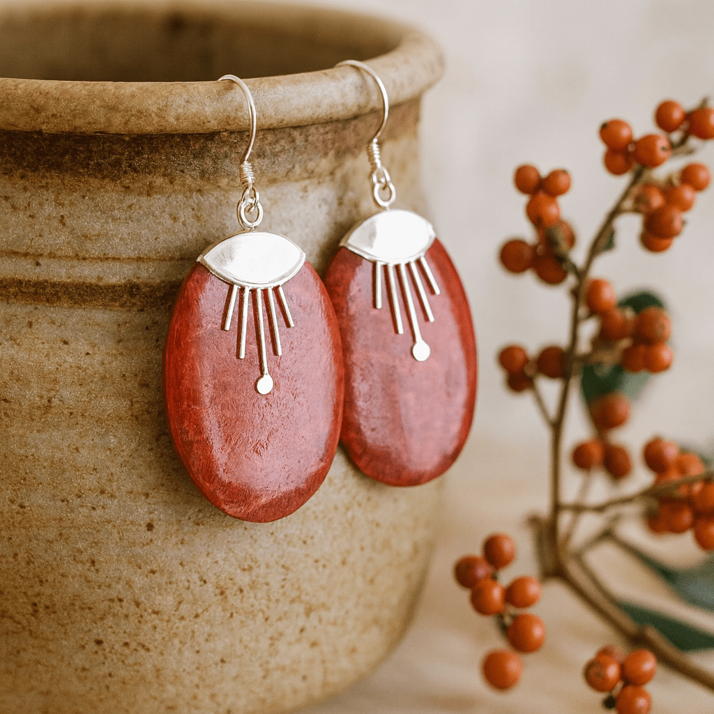 925 Sterling Silver Earrings Oval Coral Resin Pair - SHAMTAM.COM