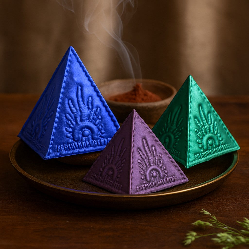 Rökelsepulver Pyramidformar 3-delar Blå Grön Lila