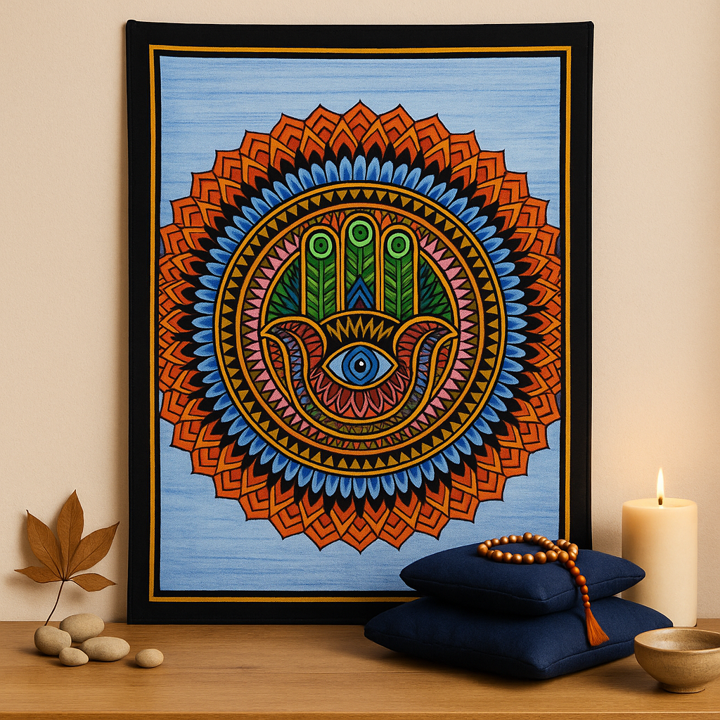 Arte da parete Hamsa, cotone dipinto a mano