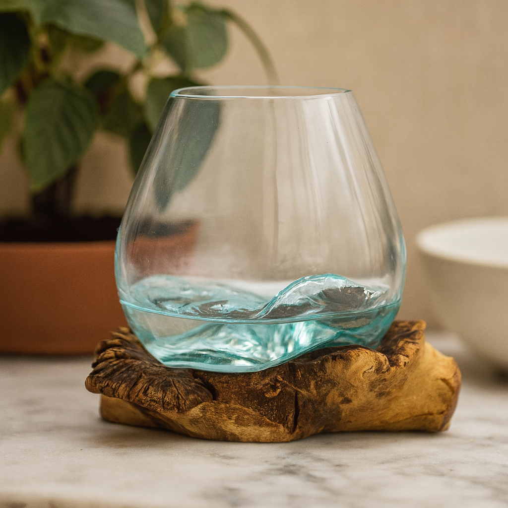 Gesmolten glazen kom op parasiet houten standaard