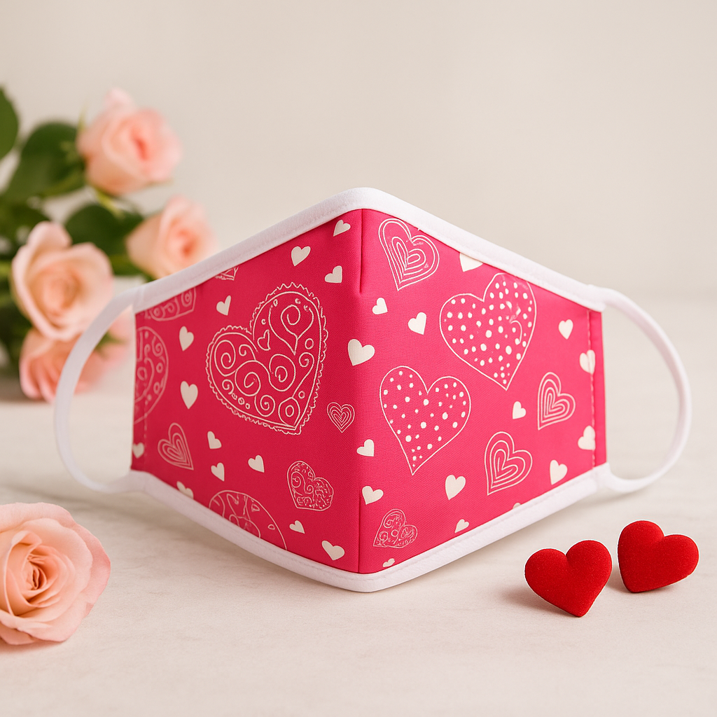 Gjenbrukbar ansiktsmaske med filter, rosa hjerter voksen