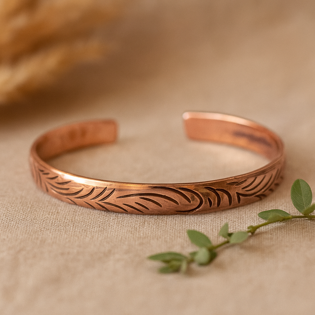 Cuff Bracelet Slim Engraved Feather Pattern