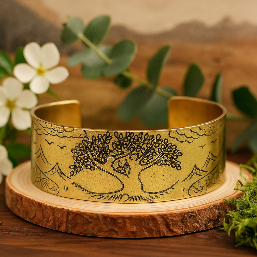 Pulseira de Mantra Tibetano, Árvore da Vida em Latão