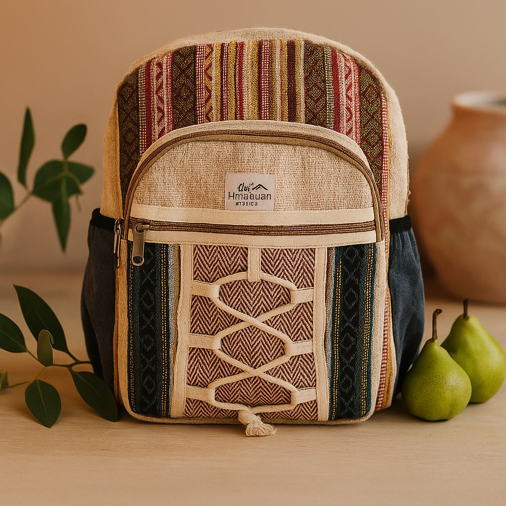 Batoh z konopné bavlny s lanem a kapsami