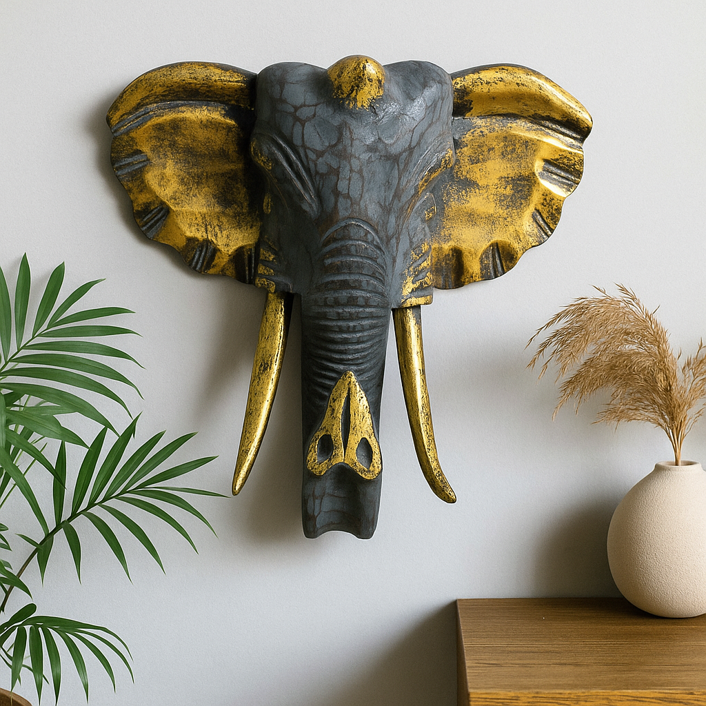 Velká dřevěná dekorace hlavy slona, zlatá a šedá