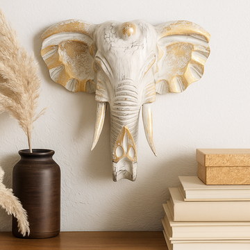 Elephant Head – Large Wooden Gold Whitewash