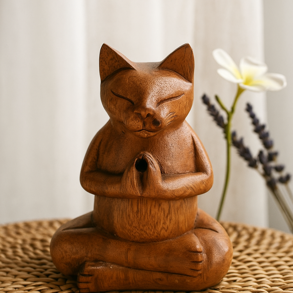 Incense Cone Burner Wooden Yoga Cat