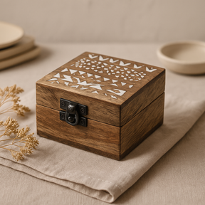 Wooden Box Whitewashed Slavic Design 10x10x6 cm, Decorative Box