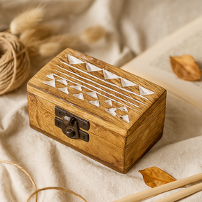 Wooden Pill Box Whitewashed Aztec Design, Decorative Box