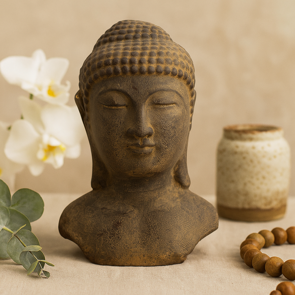 Buddha Hoved Statue, Grå Zen Dekor