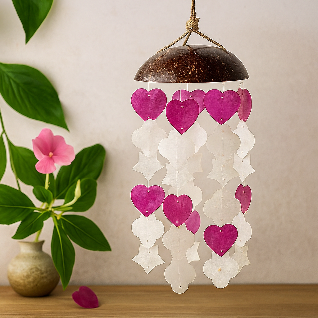 Windspiele Kokosnuss &amp; Capiz - Rosa und Weiß, gemischte Formen - 35 cm