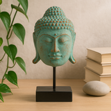 Buddha hovedskulptur grøn kobber stor på stander