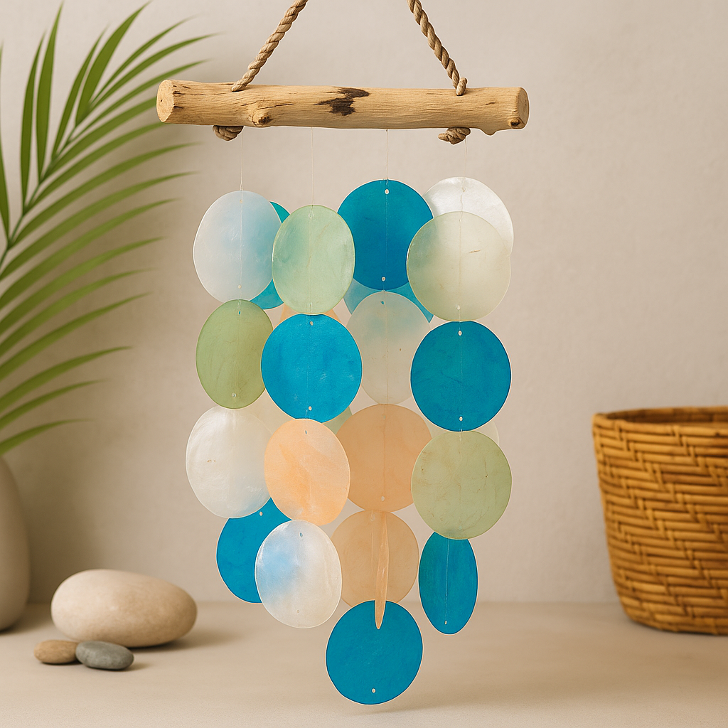 Windspiel Blau &amp; Perle Treibholz Kreuz