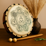 Tamburo Sciamanico con Design dei Chakra e Bacchetta, 25cm