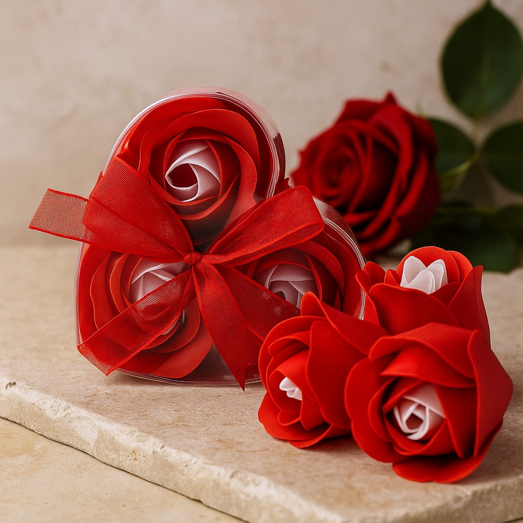 Caixa de Coração com Flores de Sabão Rosas Vermelhas Pack de 3