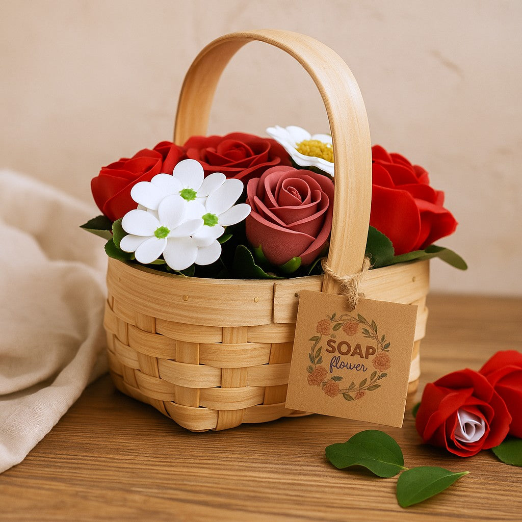Bouquet de Flores de Sabão Vermelho Cesto Médio de Vime