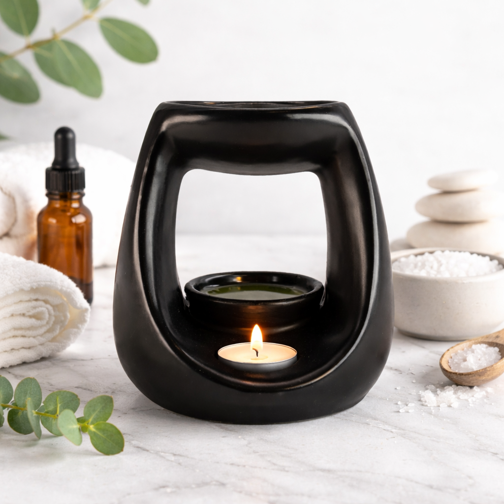 Ceramic Zen Oil Burner - Large Oval Pebble - Matt Black