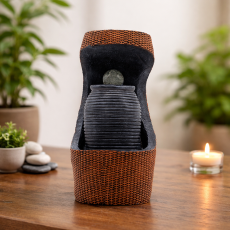 Grand Water Feature – 24x22x48cm – Colour Changing Crystal Ball in Greek Urn in Basket, Fountains