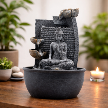 Tafelwaterornament – 19x19x28cm – Boeddha, Lotusbloem Cascaderende Potten