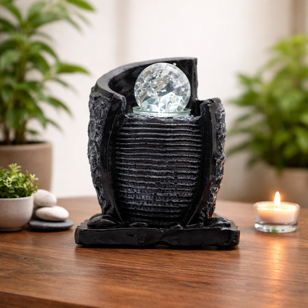 Tabletop Water Feature -15x13x20cm – Water Pot & Crystal Ball, Gemstones