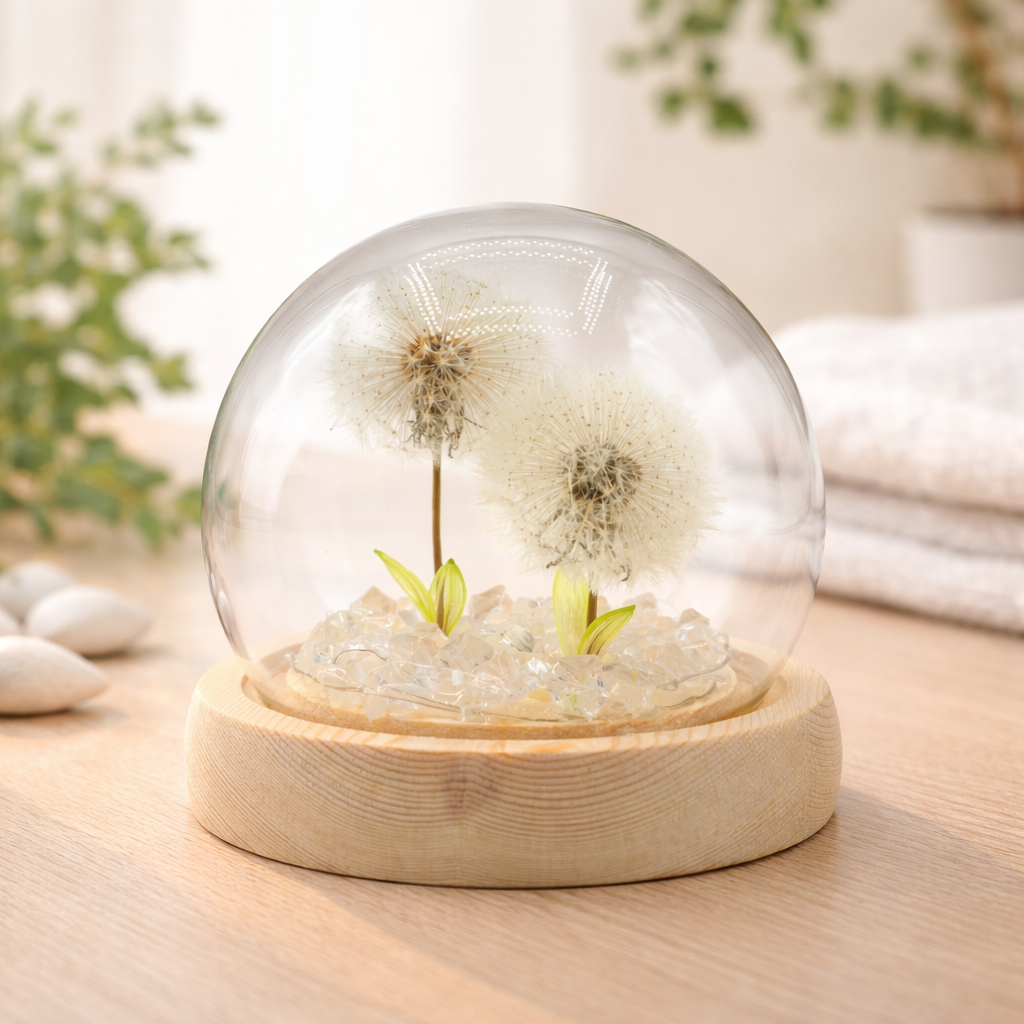 Floral Glow Garden Dome – 2 Dandelions – LED USB, snow globe