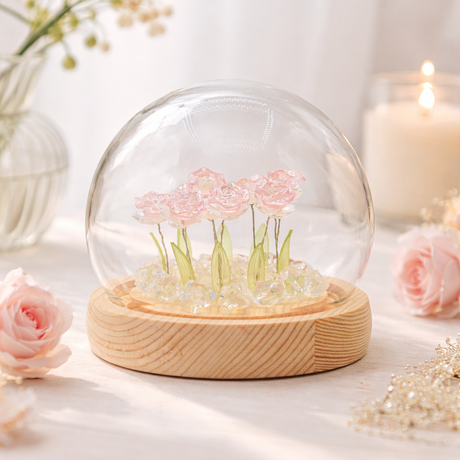 Floral Glow Garden Dome – 10 Pink Roses – LED USB, snow globe