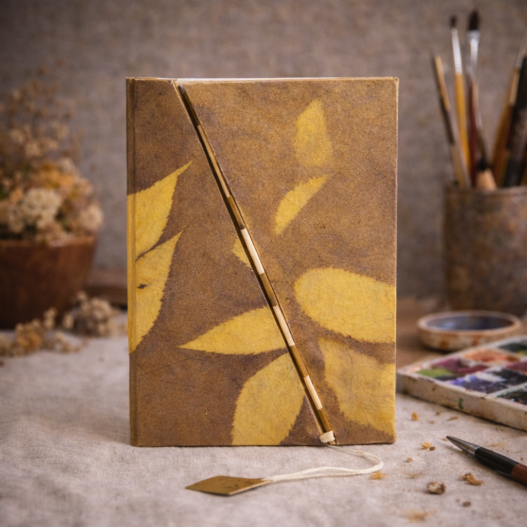 Lokta Bold Floral Bamboo Lock Notebook – Medium (15x12cm) – 45 Leaves – Mustard Brown