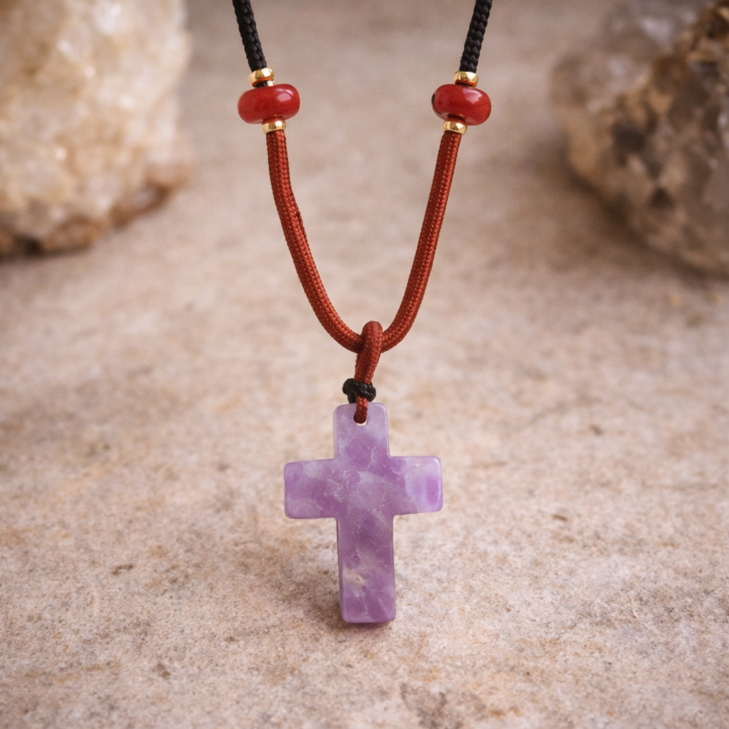 Cord Necklace Gemstone Pendant – Amethyst Cross